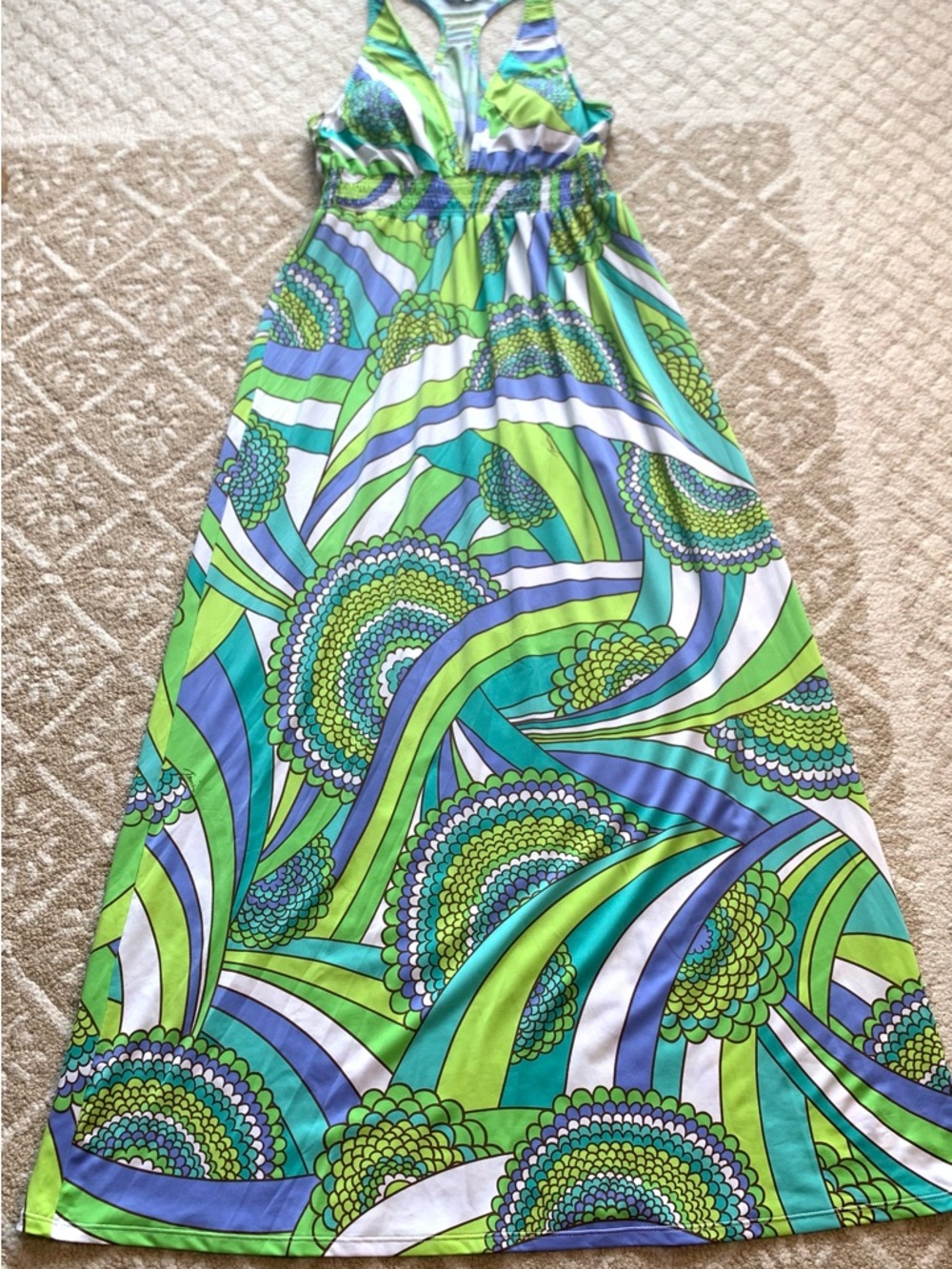 Trina Turk Maxi Dress L Racerback Plunging V Smocked Empire Resort Cover Up - Picture 10 of 16
